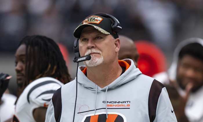 Nov 21, 2021; Paradise, Nevada, USA; Cincinnati Bengals offensive line coach Frank Pollack against the Las Vegas Raiders at Allegiant Stadium. Mandatory Credit: Mark J. Rebilas-USA TODAY Sports